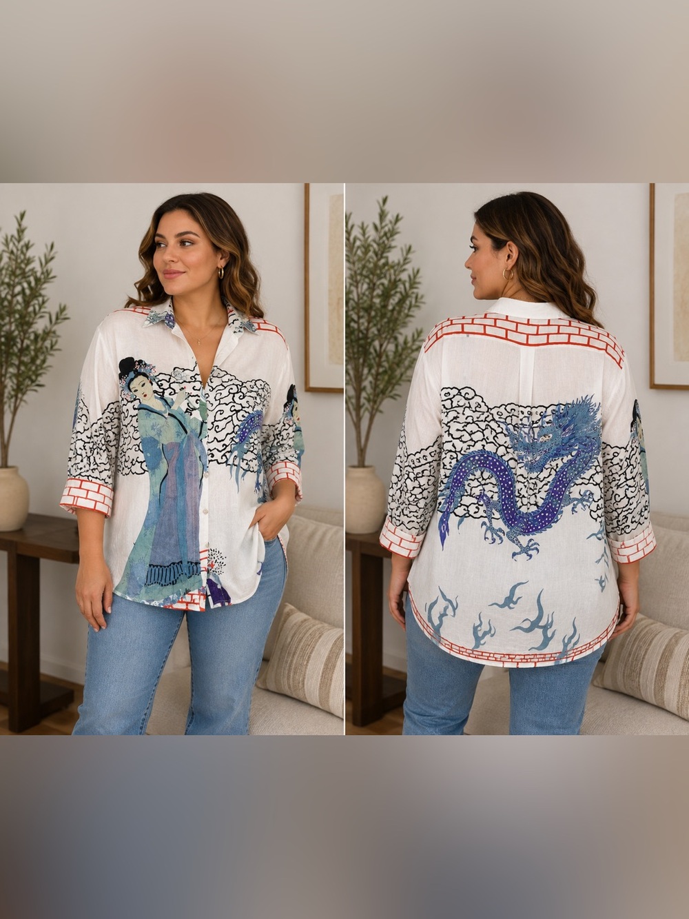 Citron 100% Silk Asian Art Geisha Dragon Print - Button Front Blouse Y2K
